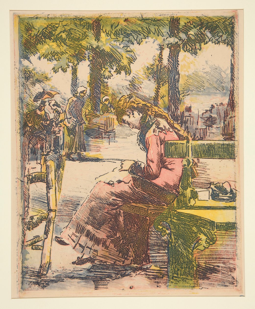 Jong meisje op een bank, aan het naaien door Charles Maurin