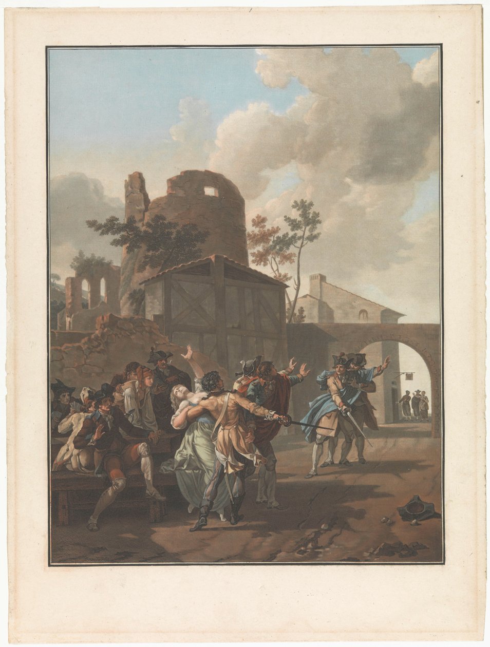 Vier genrevoorstellingen van dorpsleven door Charles Melchior Descourtis