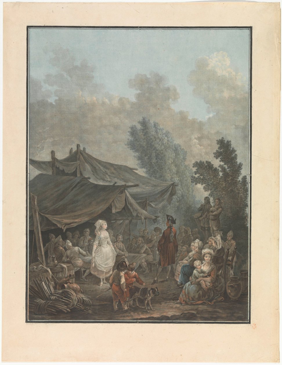 Vier genrevoorstellingen van dorpsleven door Charles Melchior Descourtis