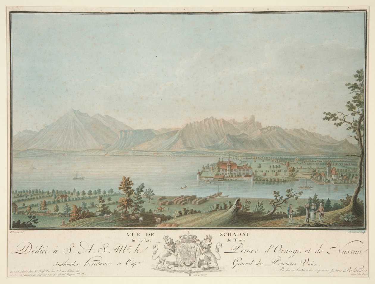 Uitzicht op Schadau aan het Meer van Thun (naar Clement) door Charles Melchior Descourtis