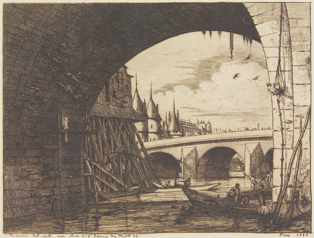 Een boog van de Notre-Dame-brug door Charles Meryon
