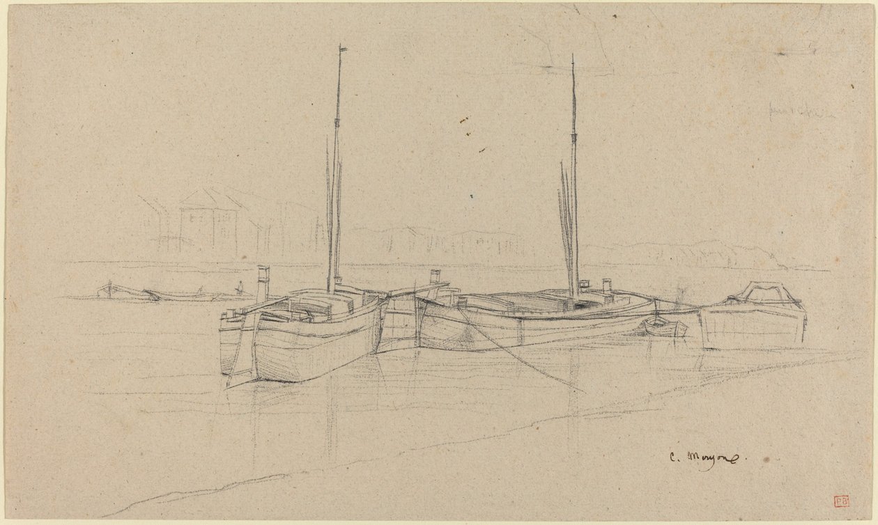 Boten op rivier met masten door Charles Meryon