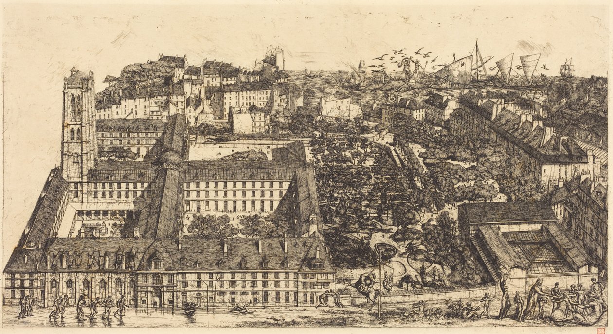 Collège Henri IV, Parijs, of Lycée Napoléon (College Hendrik IV of Napoleonschool, Parijs) door Charles Meryon