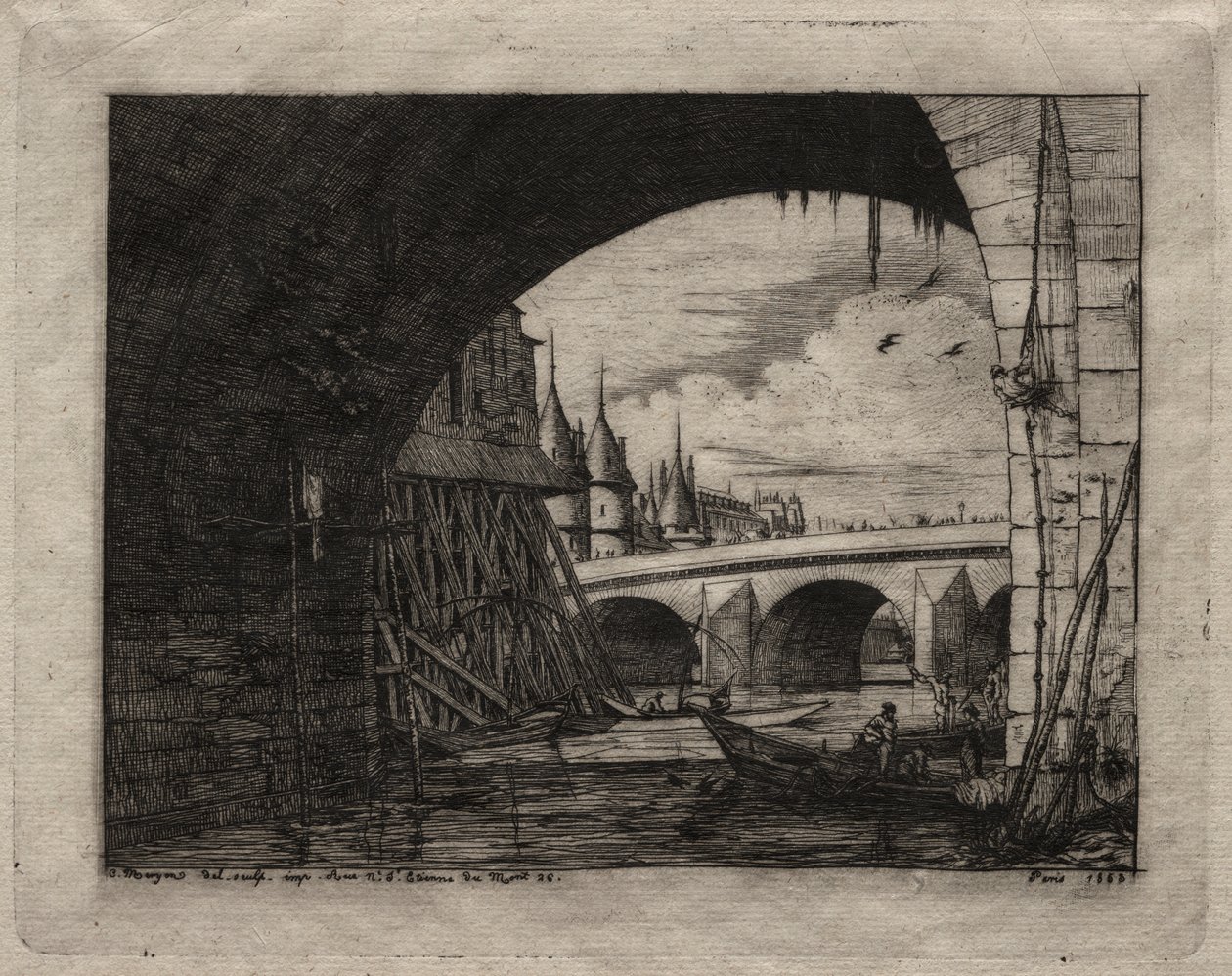 Etsen van Parijs: Een Boog van de Notre Dame Brug door Charles Meryon