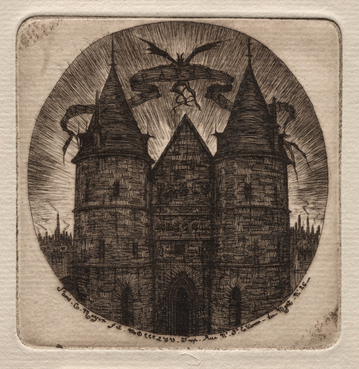 Etsen van Parijs: Oude poort van het Paleis van Justitie, 1854 door Charles Meryon