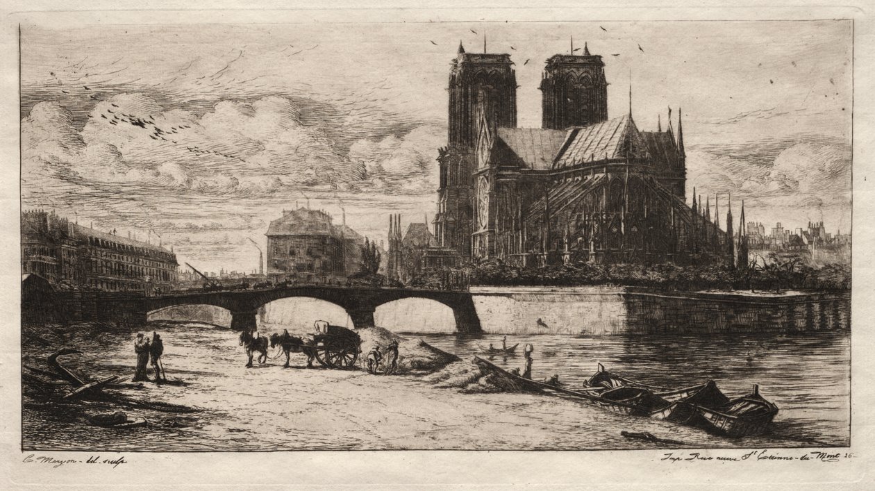 Etsen van Parijs: De apsis van de kathedraal van Notre Dame door Charles Meryon