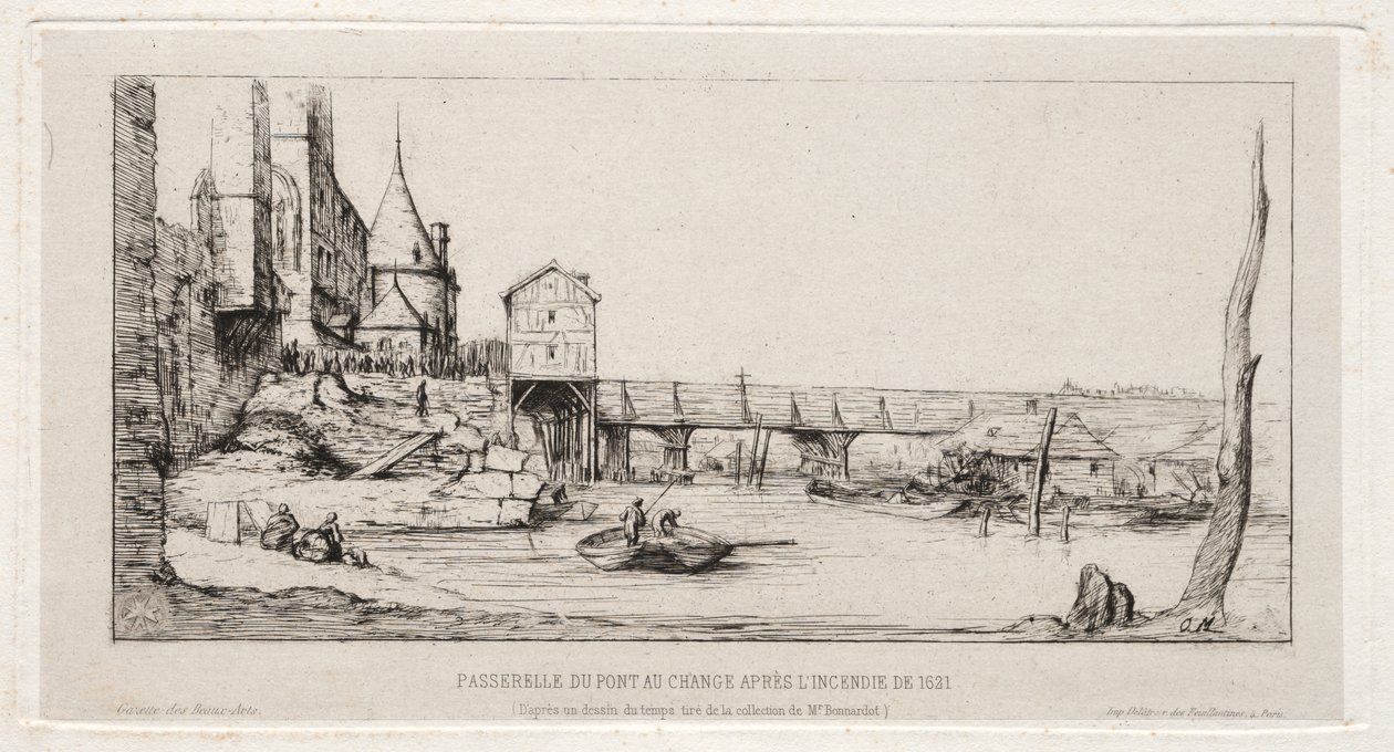 Voetbrug Tijdelijk Vervangend de Wisselbrug, Parijs, na de brand van 1621 door Charles Meryon