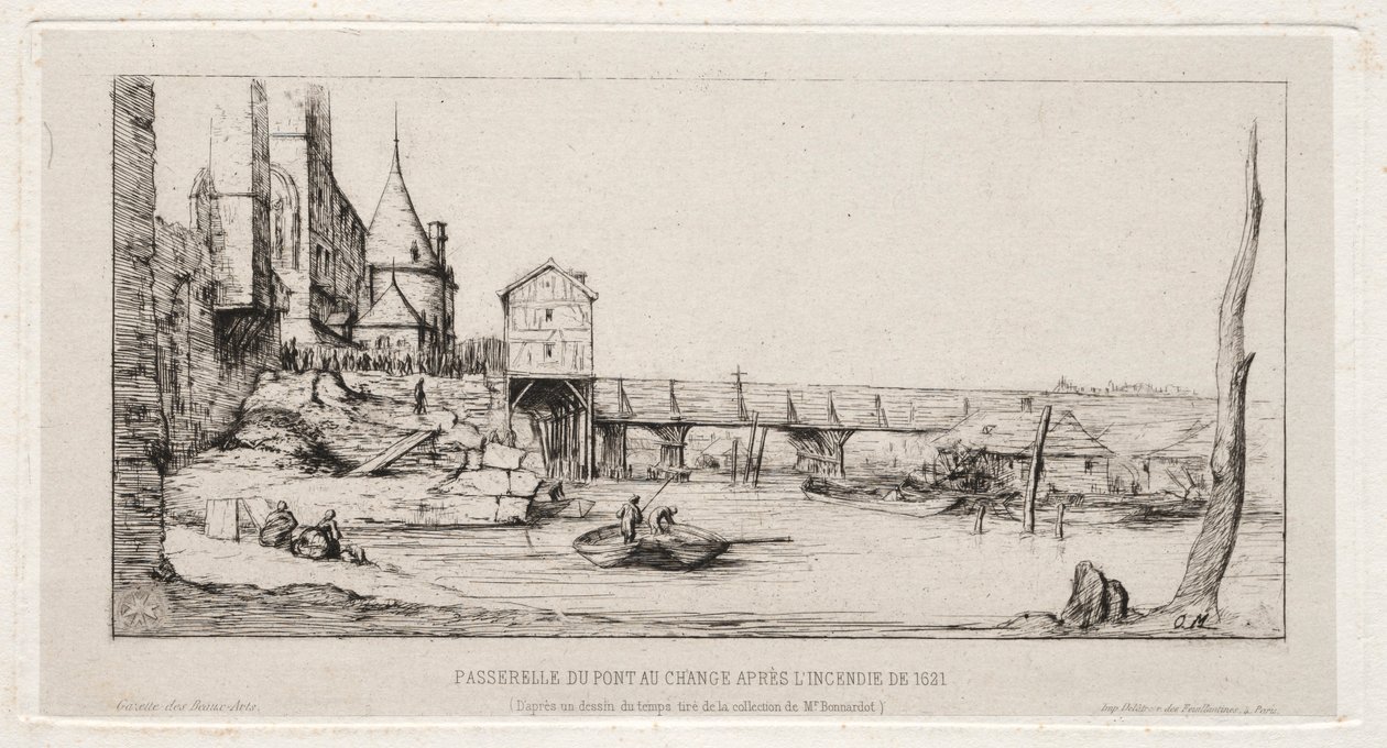 Voetgangersbrug Tijdelijk Vervangend de Wisselbrug, Parijs, na de brand van 1621 door Charles Meryon