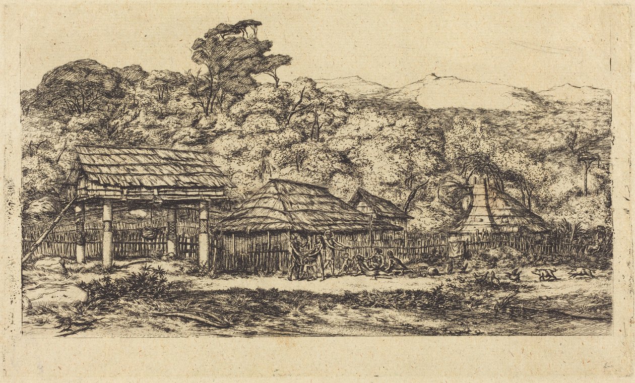 Inheemse schuren en hutten in Akaroa, Banks Peninsula, 1845 door Charles Meryon