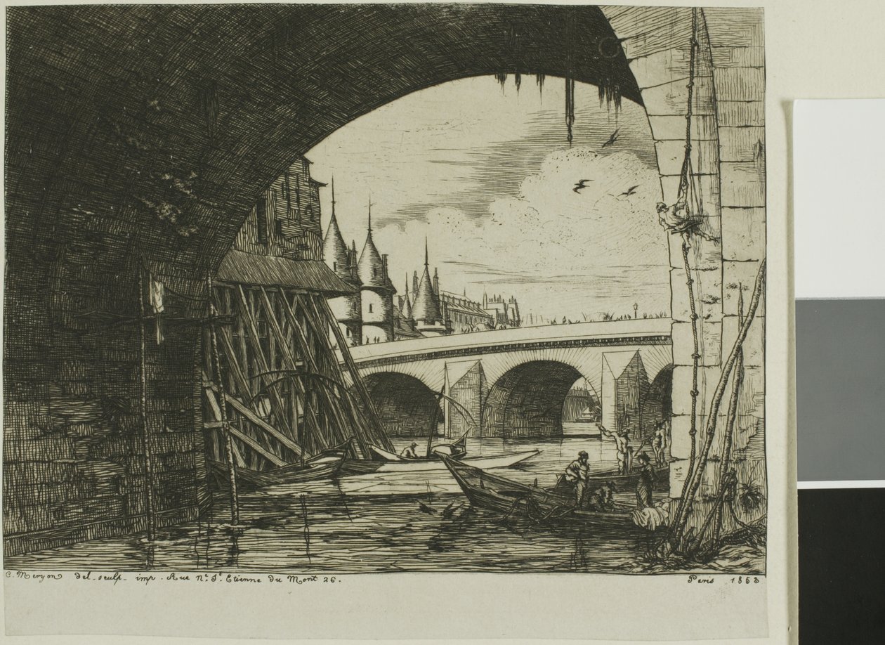De boog van de Pont Notre-Dame door Charles Meryon