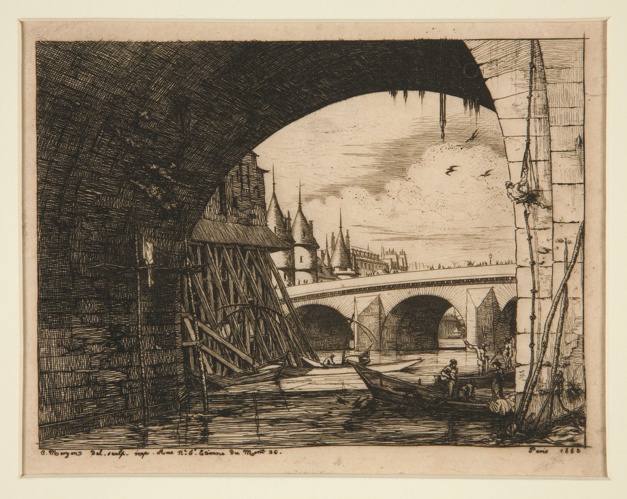 De boog van de Pont Notre-Dame, Parijs door Charles Meryon