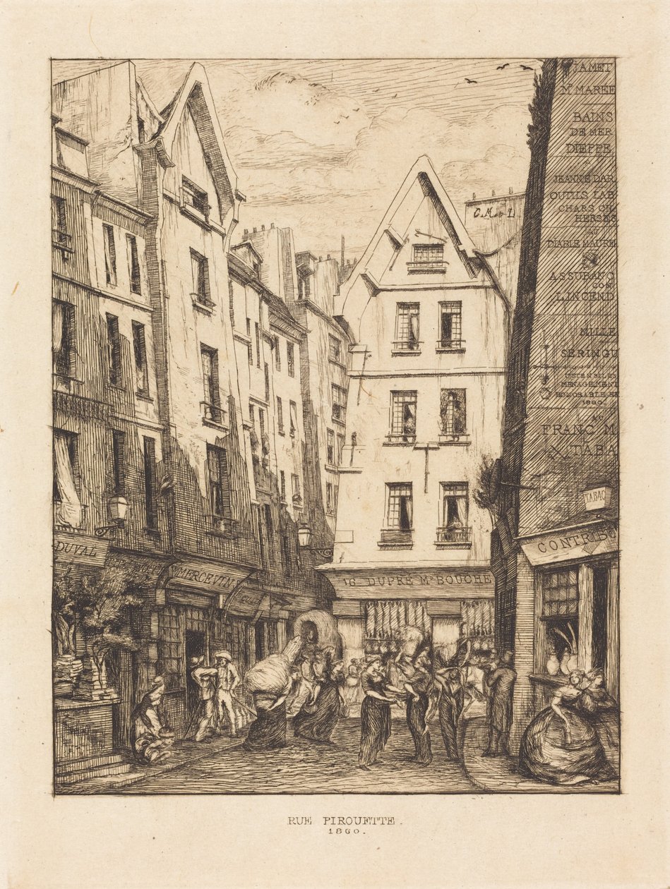 De Rue Pirouette bij de markthallen, Parijs (Pirouette Street, Near the Markets, Paris) door Charles Meryon