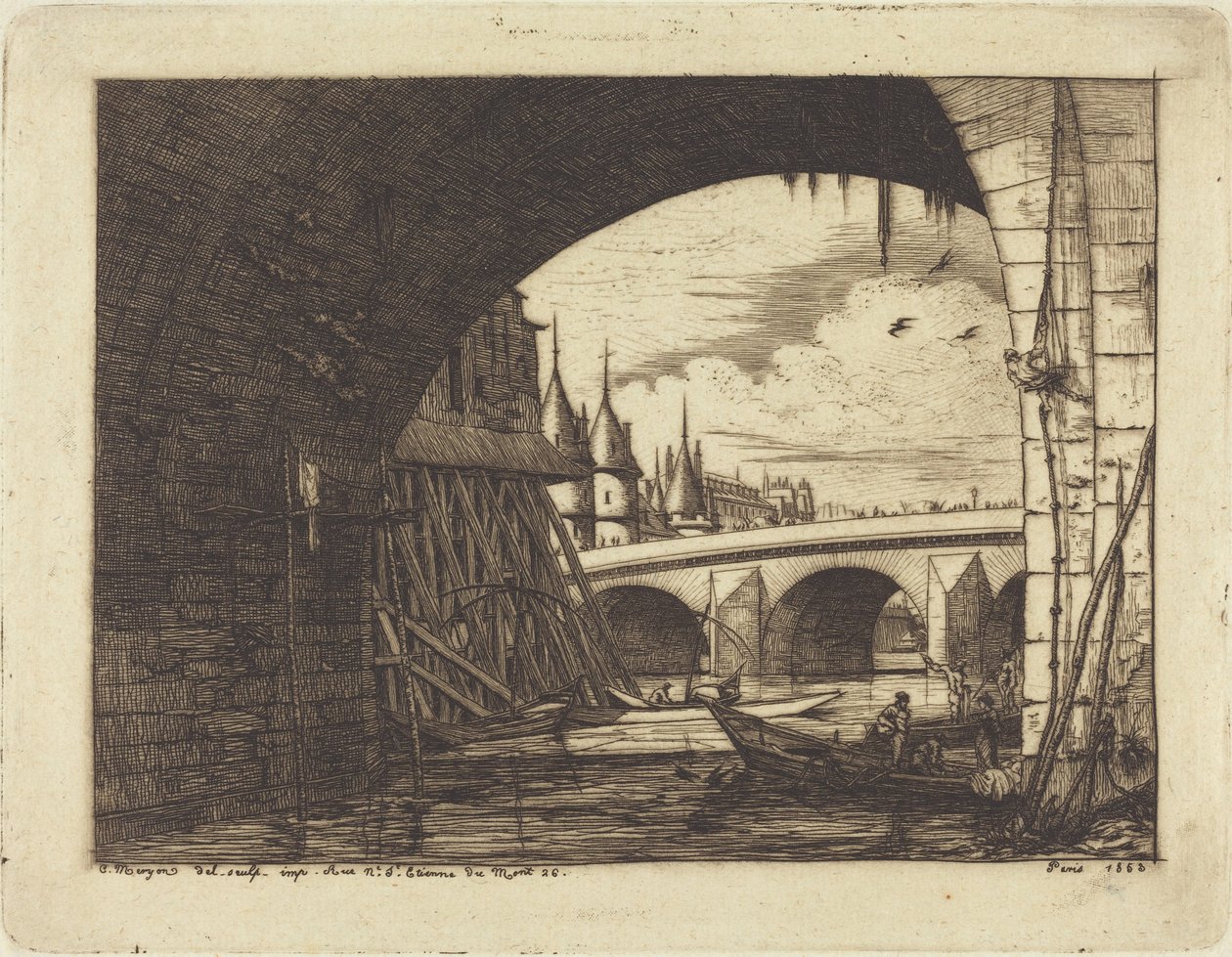 De boog van de Notre-Dame-brug, Parijs (Een boog van de Notre-Dame-brug, Parijs) door Charles Meryon