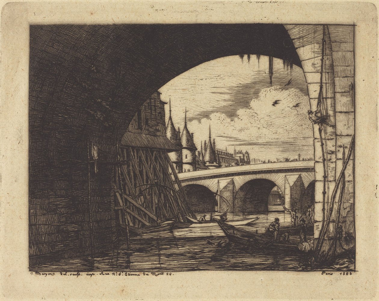 De boog van de Pont Notre-Dame, Parijs door Charles Meryon