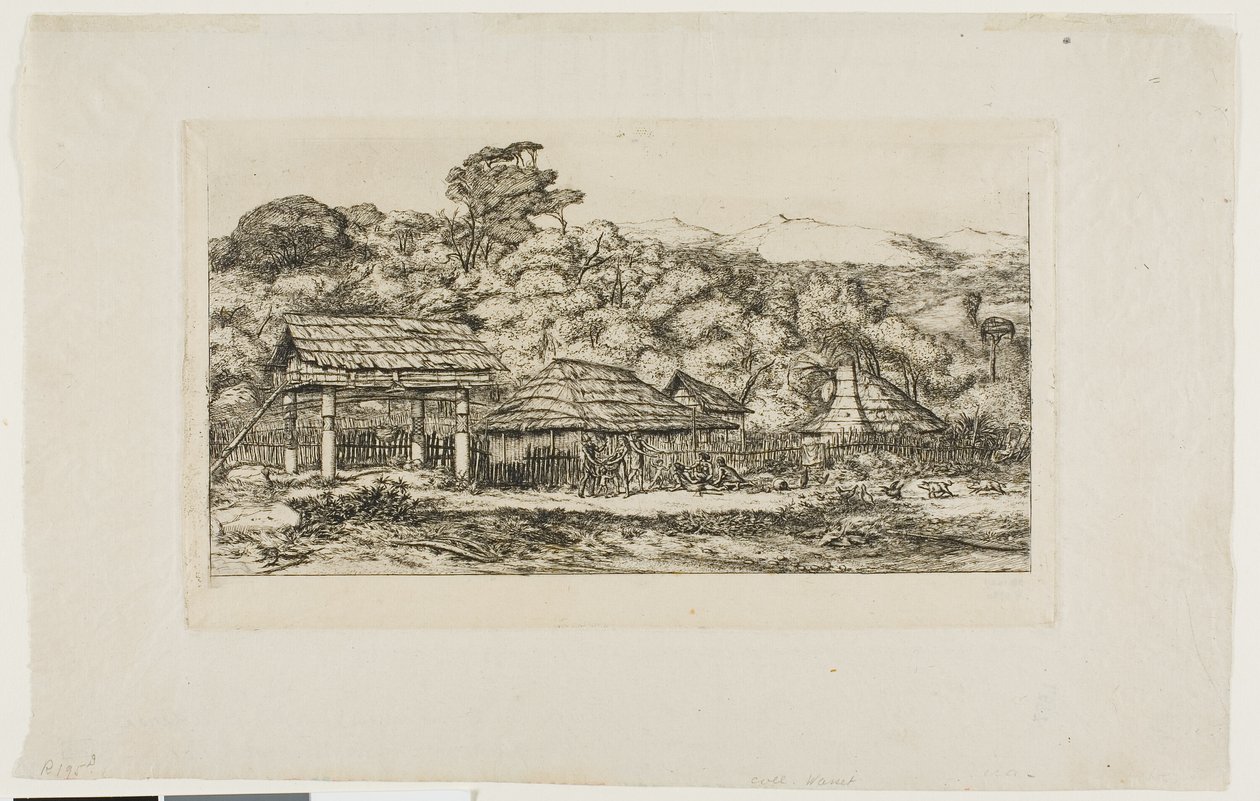 Inheemse schuren en hutten bij Akaroa, Banks