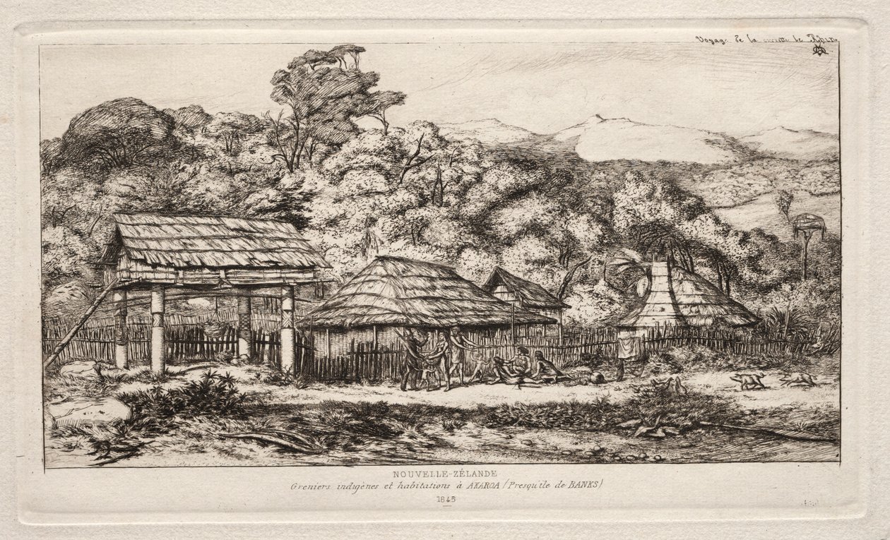 Inheemse schuren en hutten in Akaroa, Banks Peninsula, 1845, 1865 door Charles Meryon