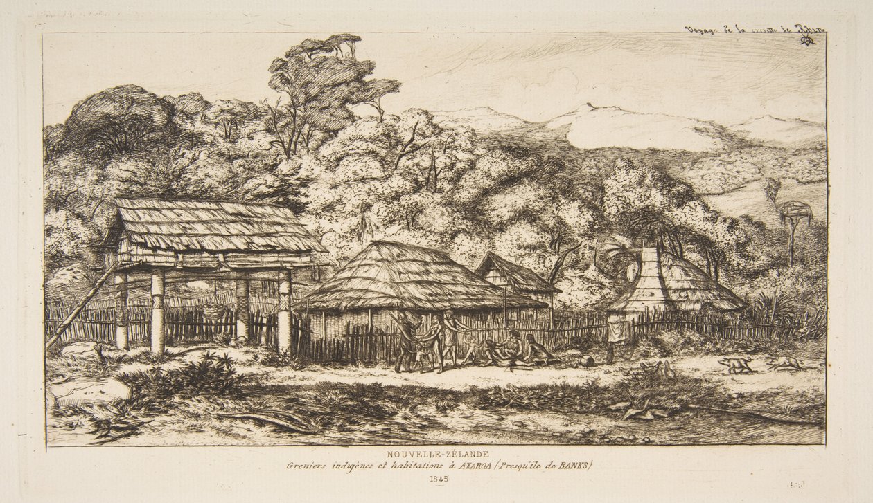 Inheemse schuren en hutten bij Akaroa, Banks Peninsula, 1845, uit "De reis naar Nieuw-Zeeland (1842-46)" door Charles Meryon