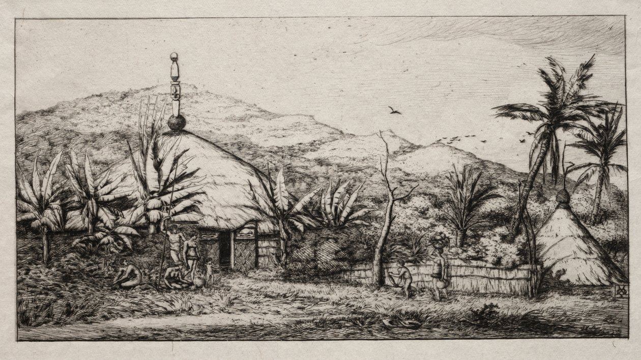 Nieuw-Caledonië: Grote Inheemse Hut aan de Weg van Balade naar Puebo, 1845 door Charles Meryon