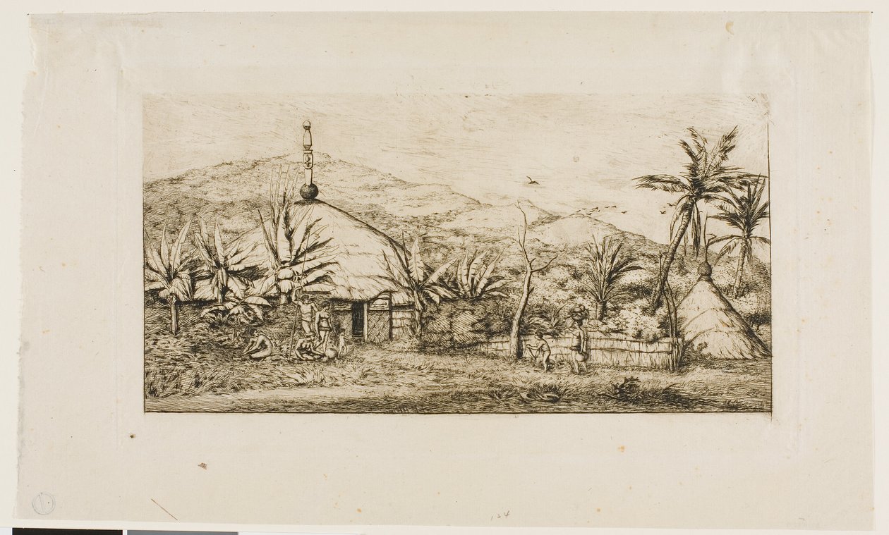 Nieuw-Caledonië: Grote Inheemse Hut aan de Weg van Balade naar Puépo, 1845 door Charles Meryon