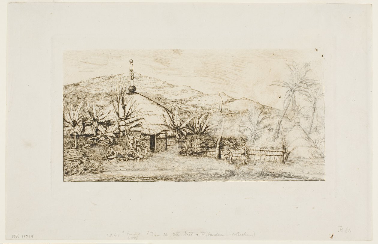 Nieuw-Caledonië: Grote inheemse hut aan de weg van Balade naar Puépo, 1845 door Charles Meryon
