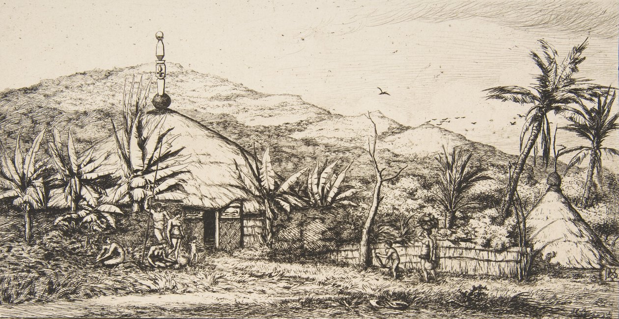 Nieuw-Caledonië: Grote inheemse hut op de weg van Balade naar Puebo, 1845, 1863 door Charles Meryon