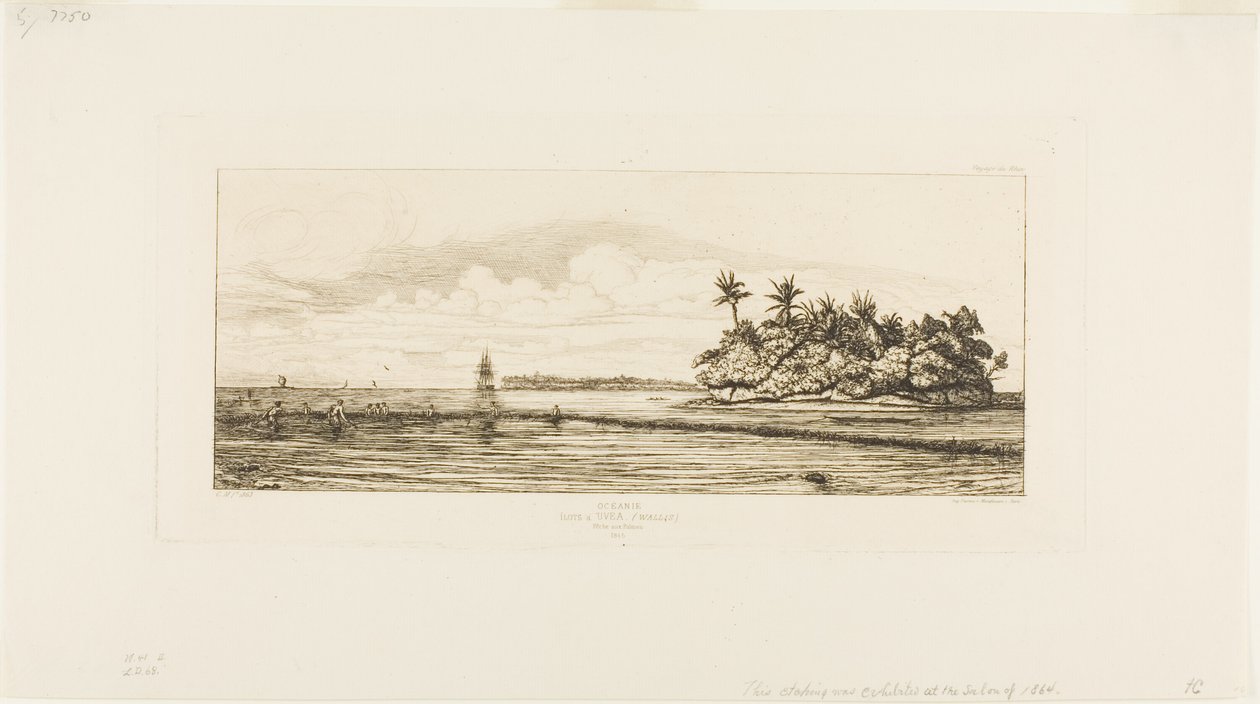 Oceanië: Vissen, nabij eilanden met palmen in de Uea of Wallis Groep, 1845 door Charles Meryon