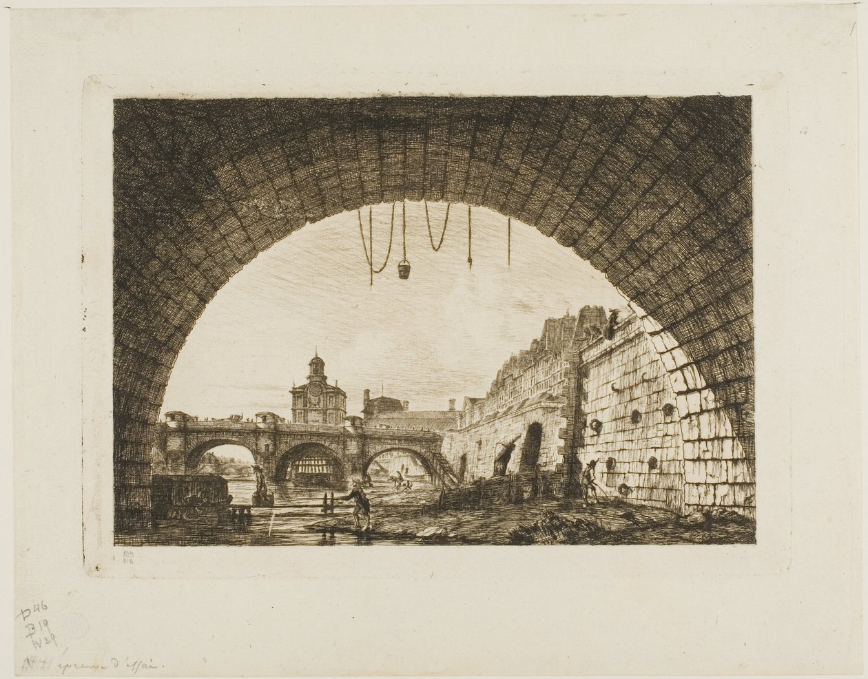 Pont-Neuf en de Samaritaine gezien van onder de eerste boog van de Pont-au-Change, Parijs door Charles Meryon