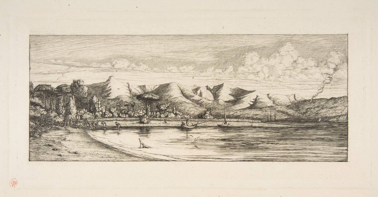 Het schiereiland Banks, Pointe des Charbonniers, Akaroa (Visserij op zeebaars bij Colliers’ Point, Akaroa, Banks Peninsula, 1845), uit „The Voyage to New Zealand (1842–46)“ door Charles Meryon