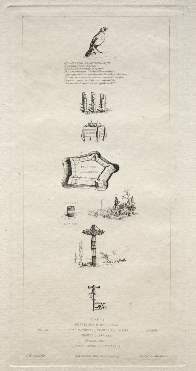 Rebus: Beranger was niet echt sterk want hij had nooit de sleutel tot de velden, 1863 door Charles Meryon