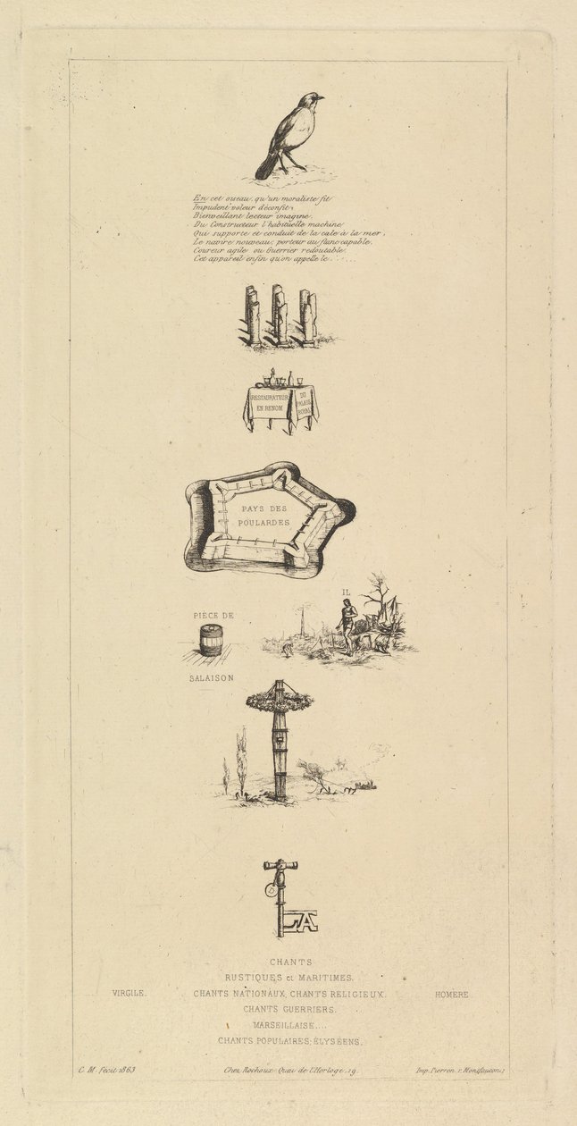 Rebus: Béranger was niet echt sterk, want hij had nooit de sleutel van de velden, 1863 door Charles Meryon