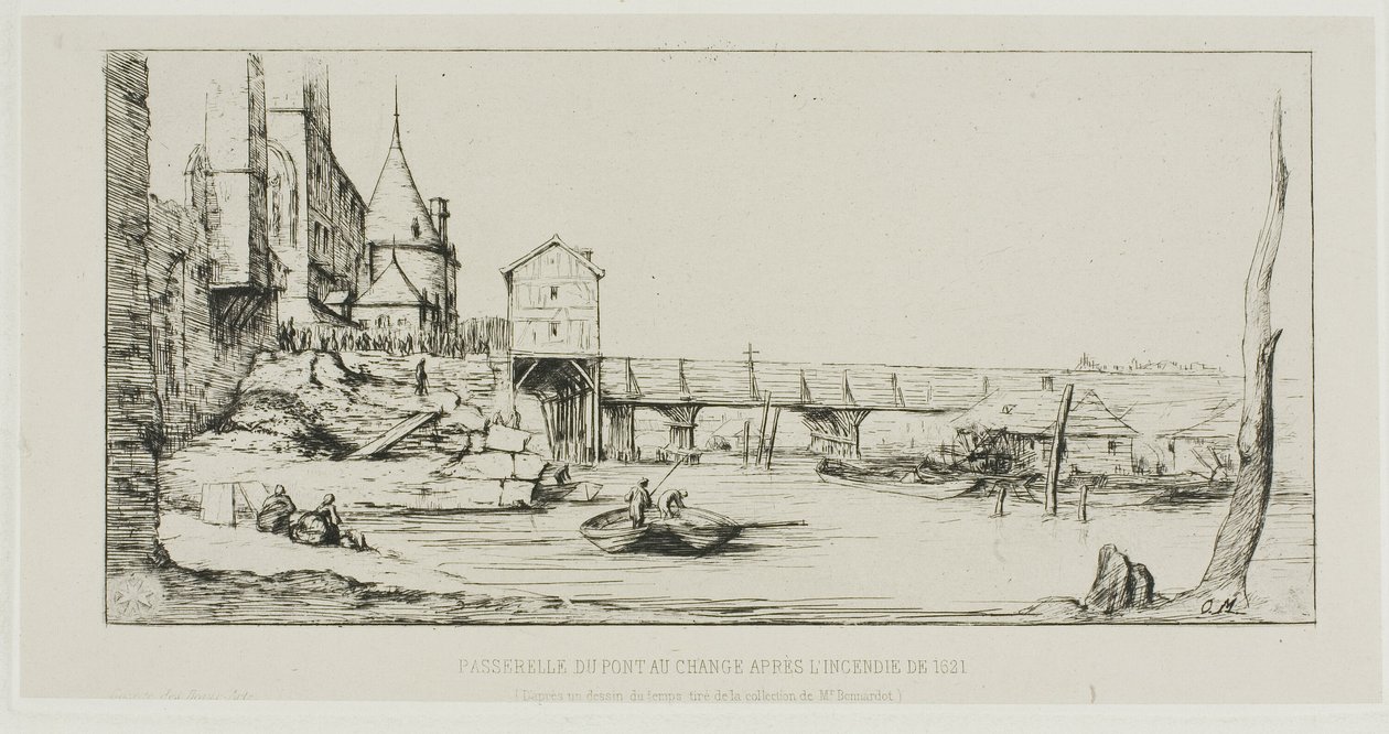De Voetbrug Tijdelijk de Pont-au-Change Vervangend, Parijs, Na de Brand van 1621 door Charles Meryon