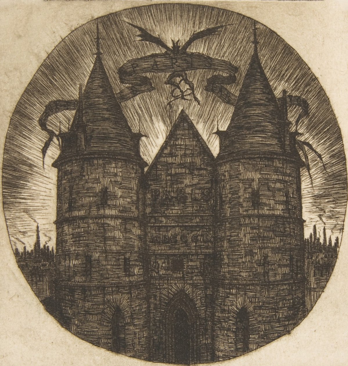 De oude poort van het Palais de Justice, Parijs, 1854 door Charles Meryon