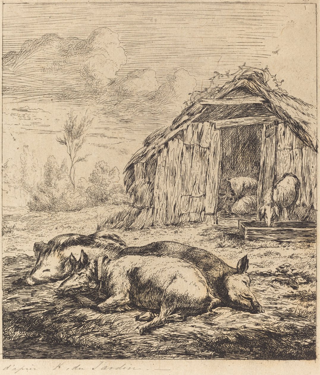 De drie varkens liggen voor een stal door Charles Meryon after Karel Dujardin