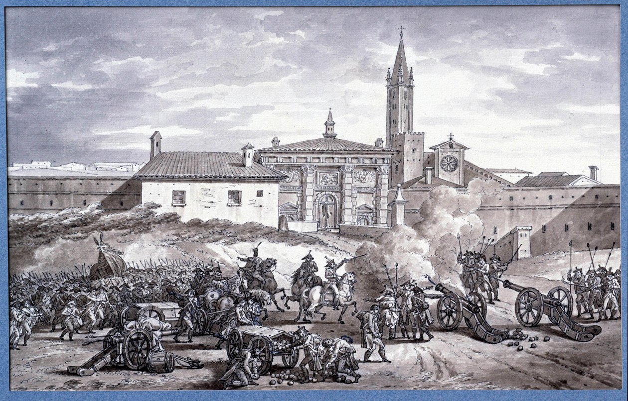 Campagnes van Italië: Napoleon Bonaparte (1769-1821) en maarschalk Augereau bij een deur van Verona in Italië met een kanon in 1796 door Charles Meynier