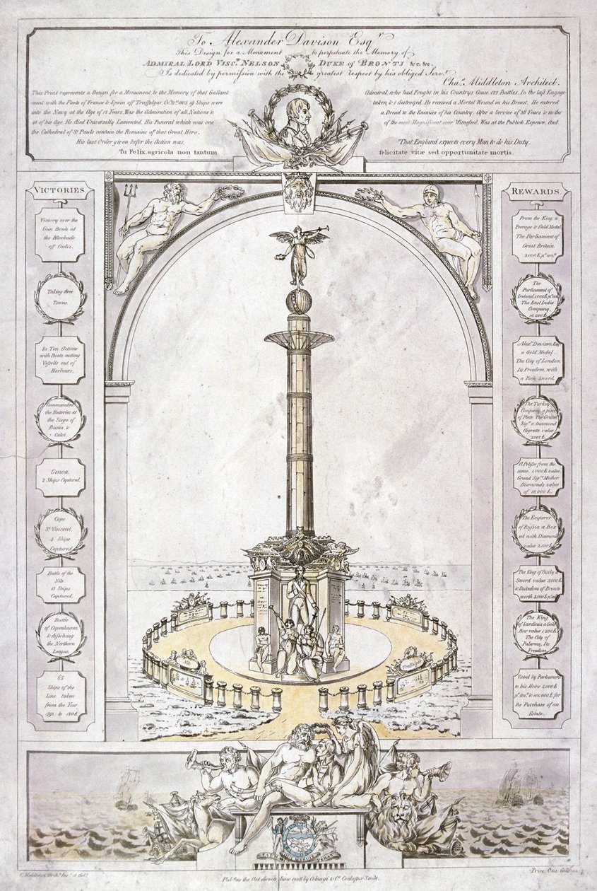Ontwerp voor een monument voor admiraal Lord Nelson in de vorm van een zuil, 1806 door Charles Middleton