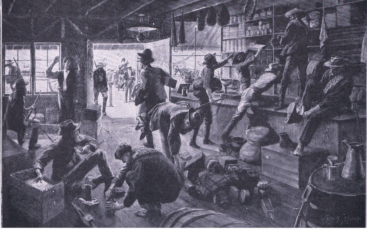 Boeren plunderen een winkel in het Grange River-gebied, illustratie uit Na Pretoria: De Guerrillaoorlog, 1902 door Charles Mills Sheldon
