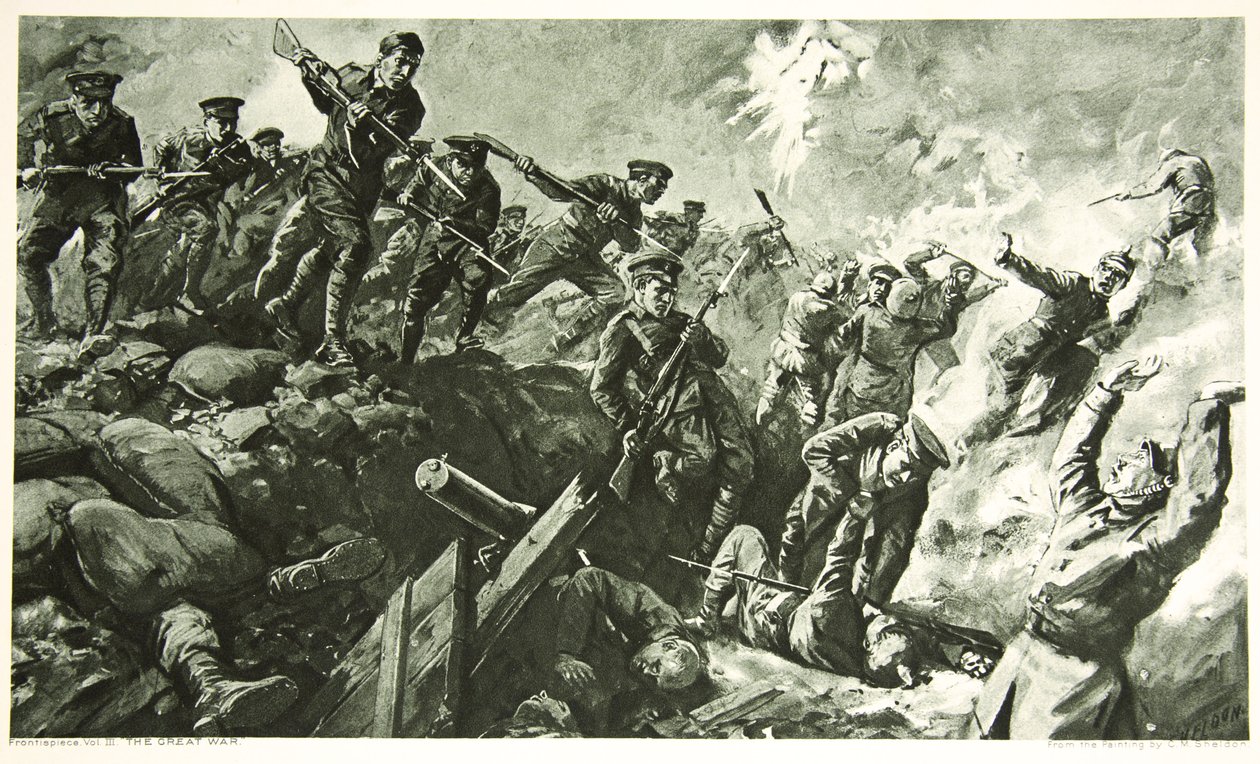 De Verovering van de Duitse loopgraven bij Neuve Chapelle door Charles Mills Sheldon