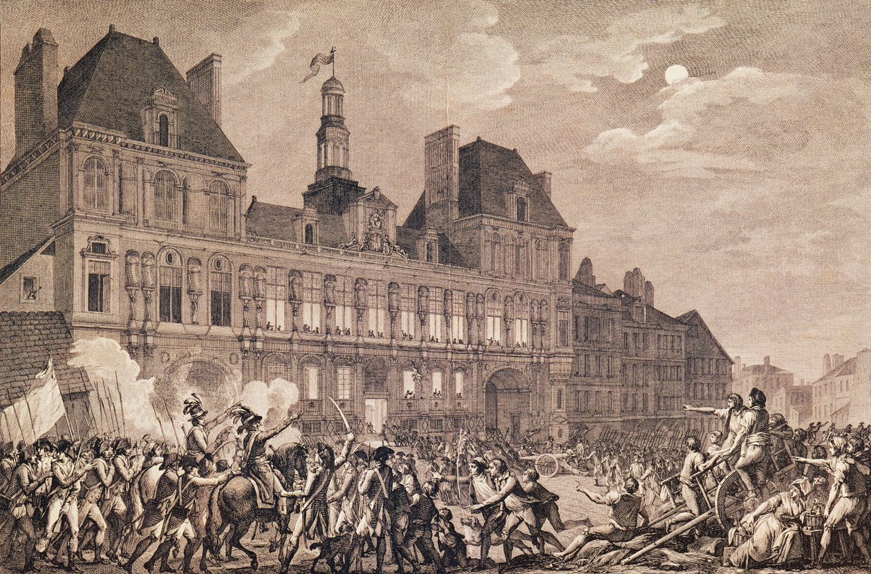 Robespierre, Saint-Just, Couthon en Hanriot zoeken toevlucht in het Hôtel de Ville in Parijs, 9 Thermidor Jaar II (27 juli 1794) door Charles Monnet