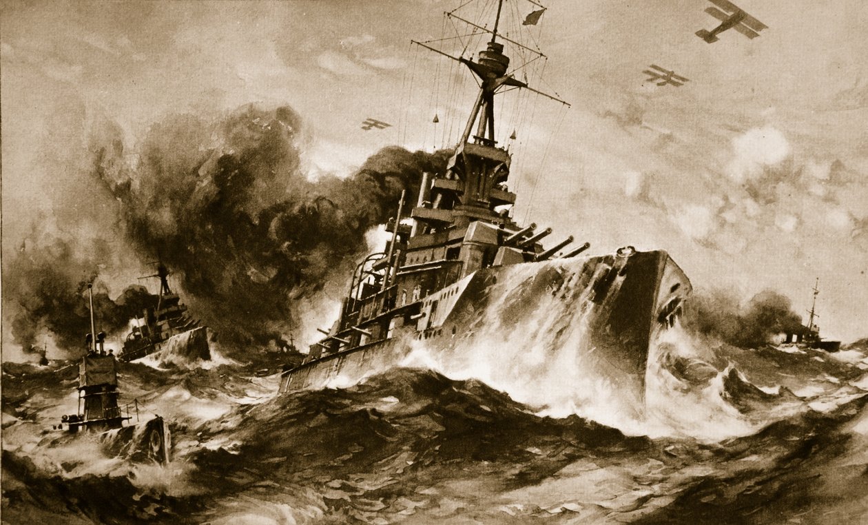 Het Britse Battle Squadron op volle snelheid in de smalle zeeën (litho) door Charles Murray Padday