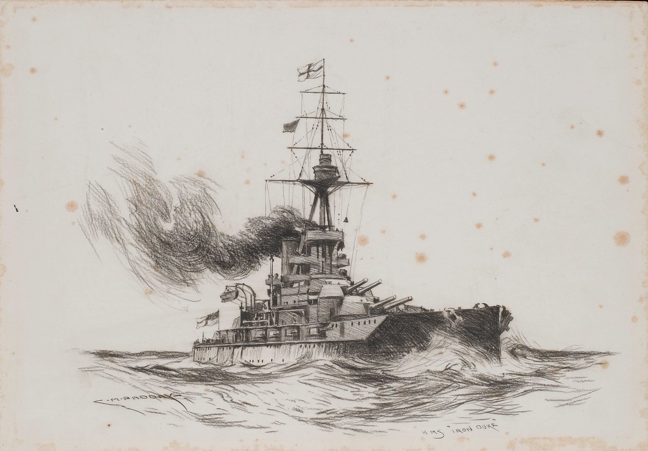 Het Britse schip Iron Duke. Tekening (25,5x36,8 cm) door Charles M. Padday () , begin 20e eeuw. door Charles Murray Padday