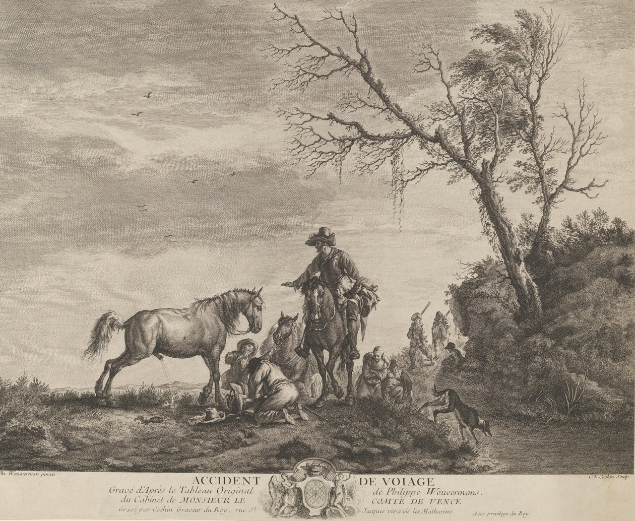 Een ongeluk tijdens het reizen, een knielende man die een gebroken zadel repareert, een paard dat plast door Charles Nicolas Cochin