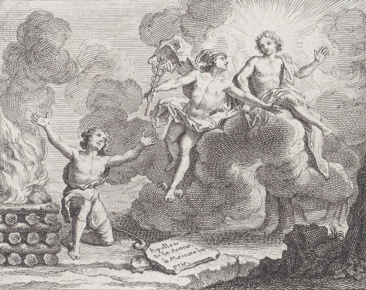Apollo, Mercurius en de herderinnen, Fabel X in La Motte, Fables Nouvelles, 1719 door Charles Nicolas Cochin