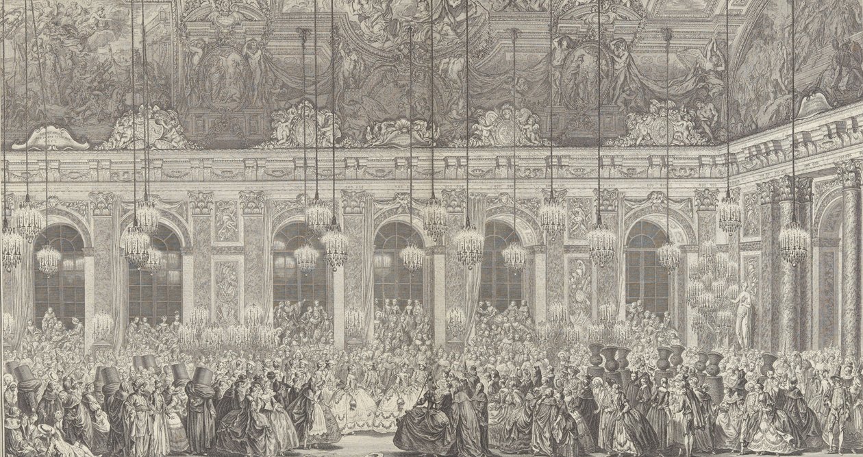 Decoratie voor een gemaskerd bal in Versailles, ter gelegenheid van ..., ca. 1860 herdruk van 1764 plaat door Charles Nicolas Cochin
