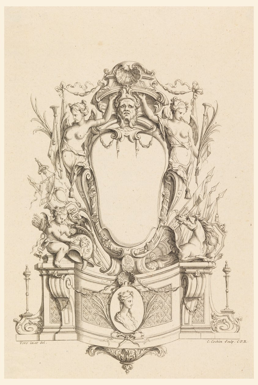 Ontwerp voor Cartouche uit "Cartouches Nouvellement Inventez" door Charles Nicolas Cochin the younger