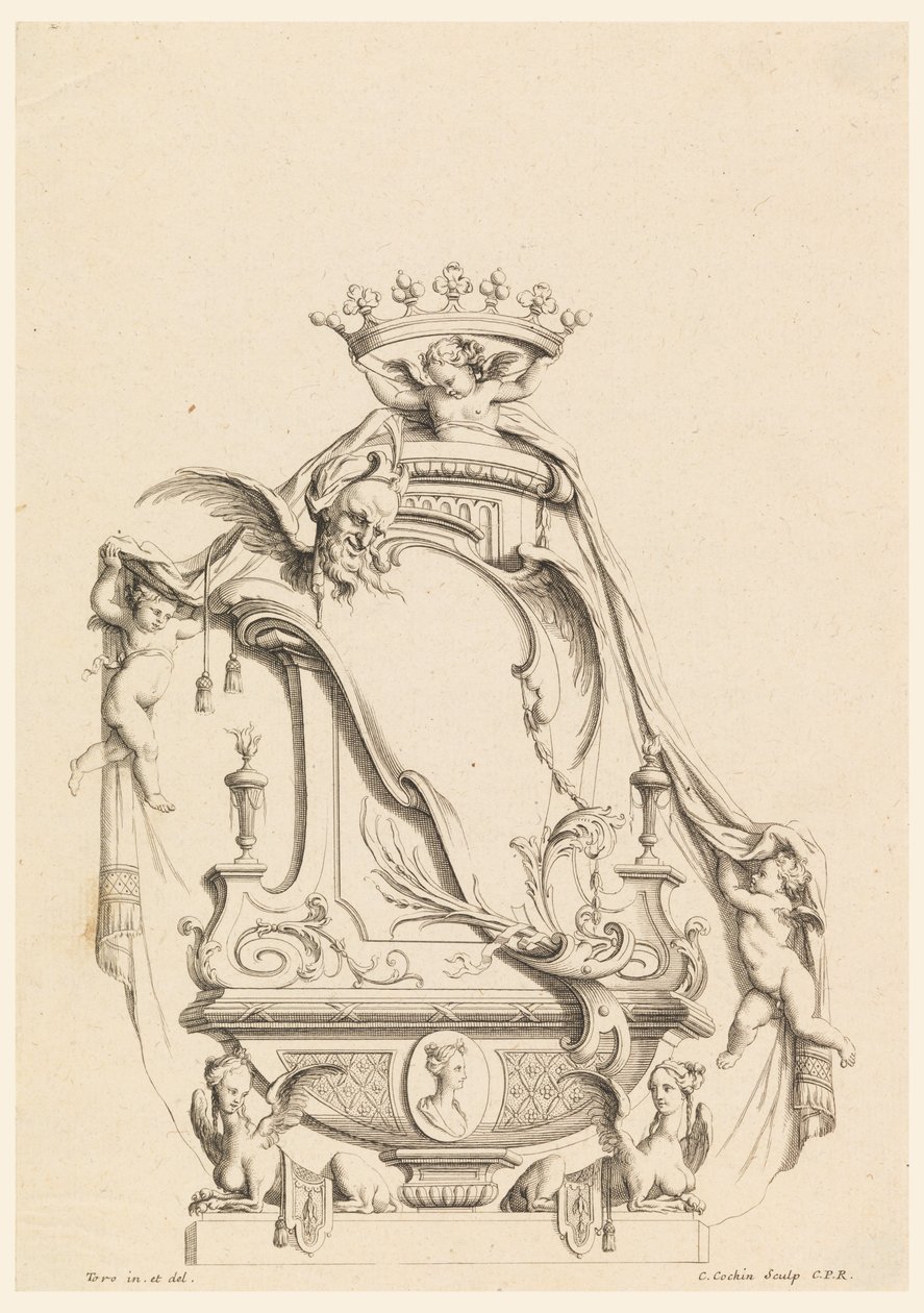 Ontwerp voor cartouche uit "Cartouches Nouvellement Inventez" door Charles Nicolas Cochin the younger