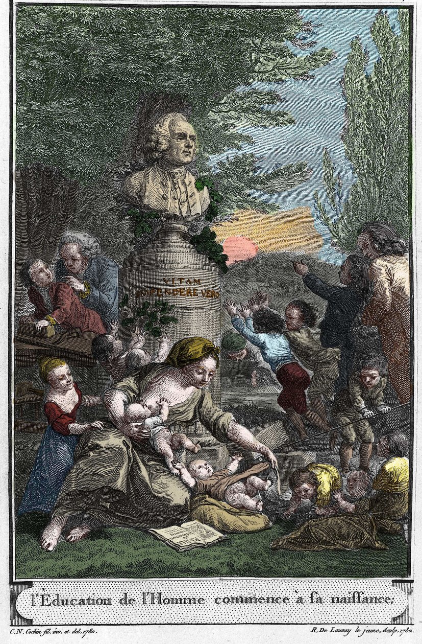 Menselijke opvoeding begint bij de geboorte. Frontispice (1782) van 