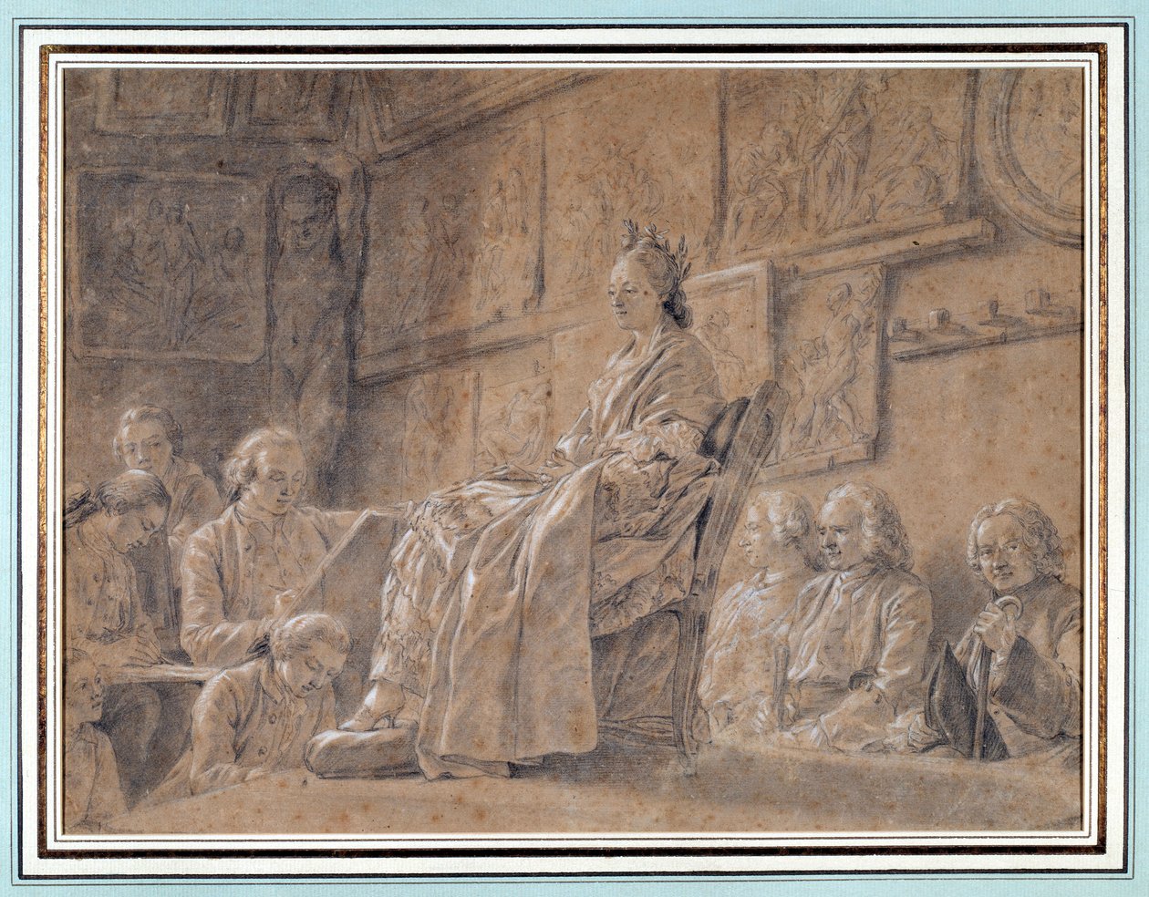 Wedstrijd voor het nemen van de uitdrukking van het hoofd. Verschillende kunstenaars in een atelier die een model portretteren. Tekening door Ch. Nicolas Cochin door Charles Nicolas II Cochin