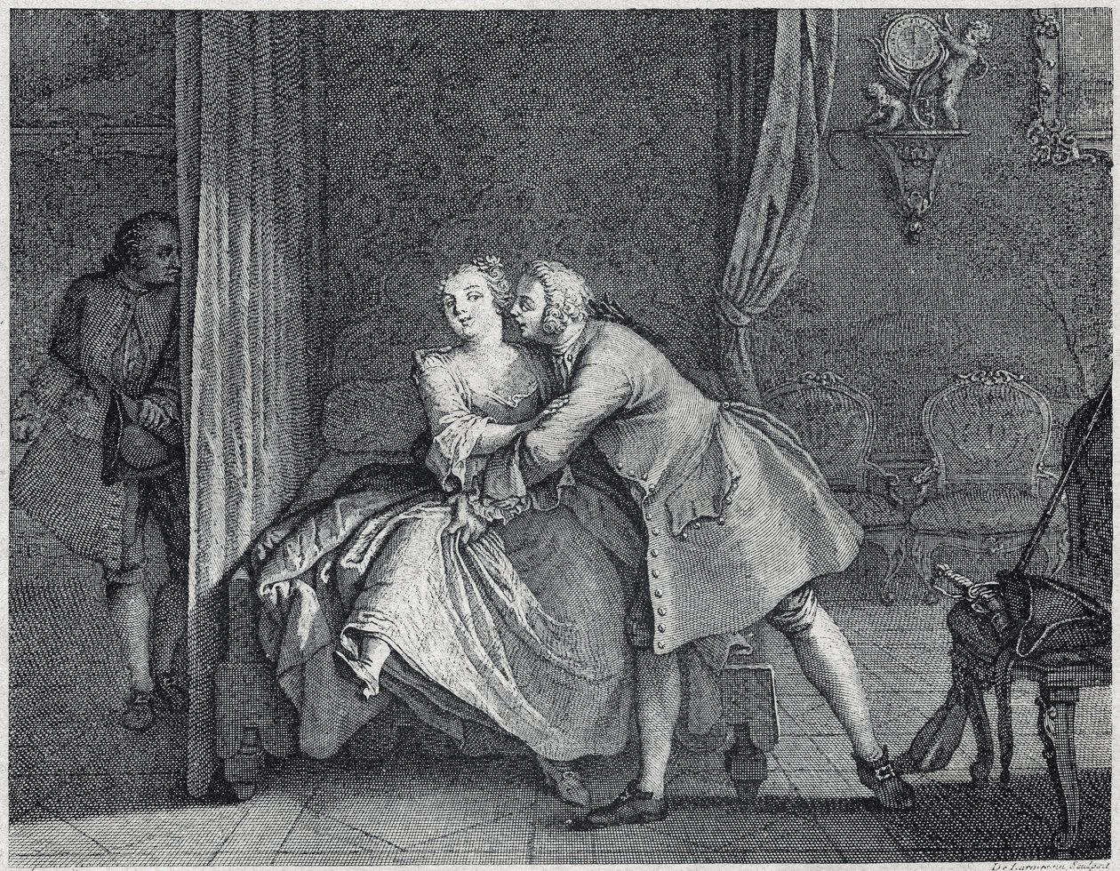 De oorwerkmaker en de malrek illustratie voor Les contes de La Fontaine, circa 1743. Gravure door Charles-Nicolas Cochin door Charles Nicolas II Cochin