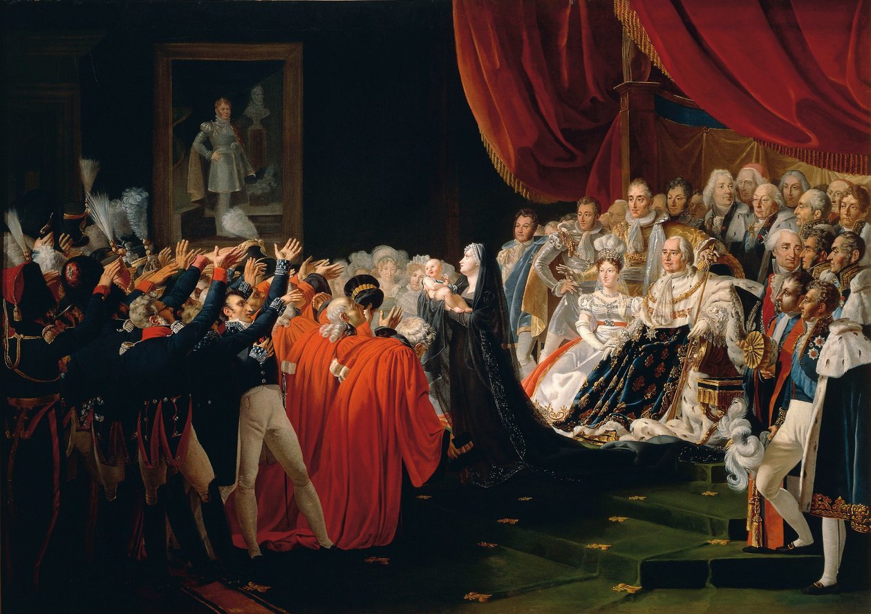De hertogin van Berry introduceert de hertog van Bordeaux aan de toeschouwers door Charles Nicolas Raphael Lafond
