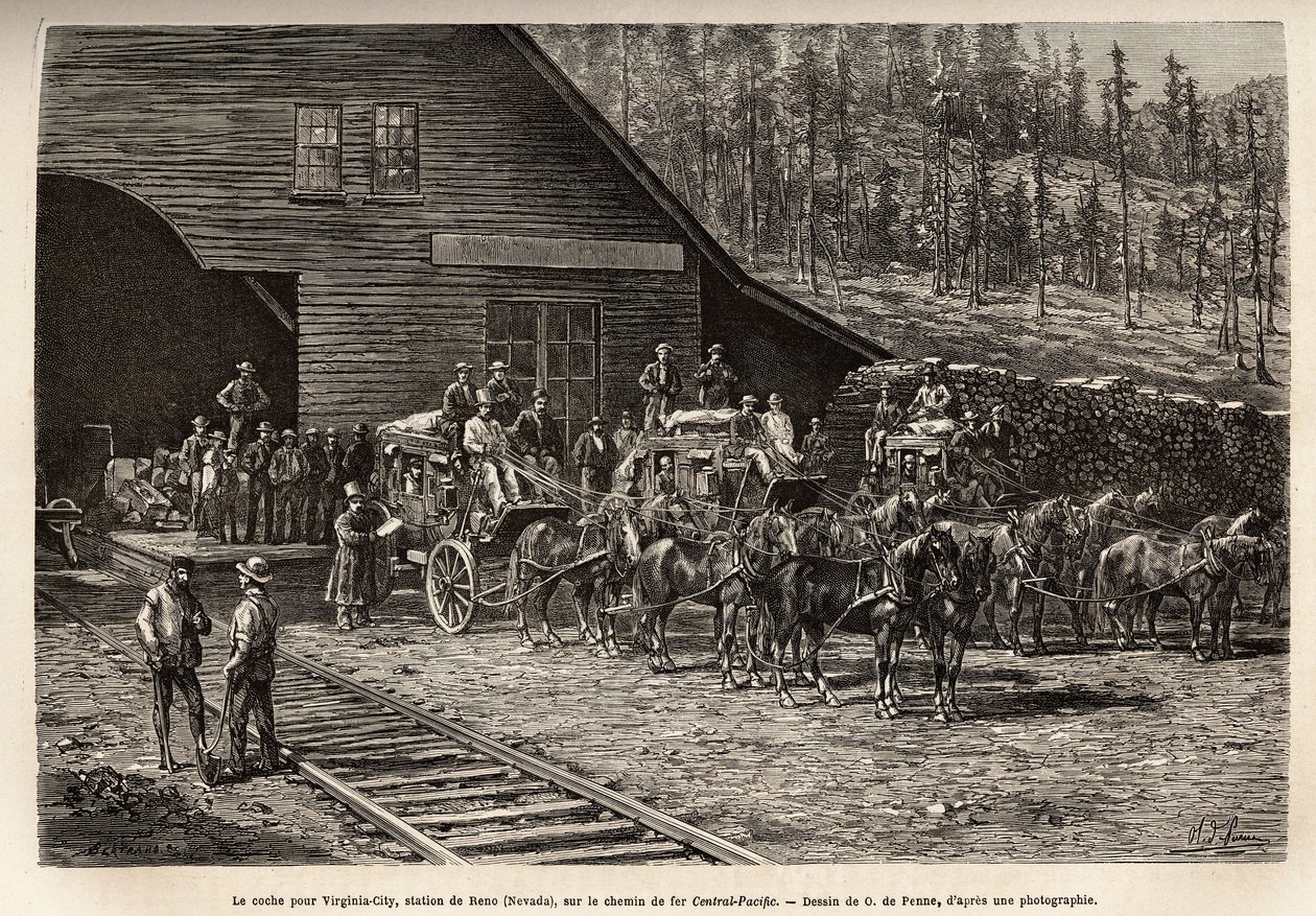 Het Reno-station, om het ticket naar Virginia City (Nevada) te nemen, op de Central Pacific Railway (Central Pacific), gegraveerd naar de tekening van O. de Penne, ter illustratie van de reis van Washington naar San Francisco, in 1868, door L. Simonin, gep door Charles Oliver de Penne
